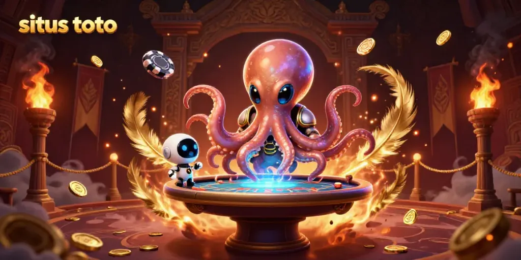 Permainan situs toto menampilkan karakter alien 3D dan robot di tabel poker holografis yang berwarna-warni.