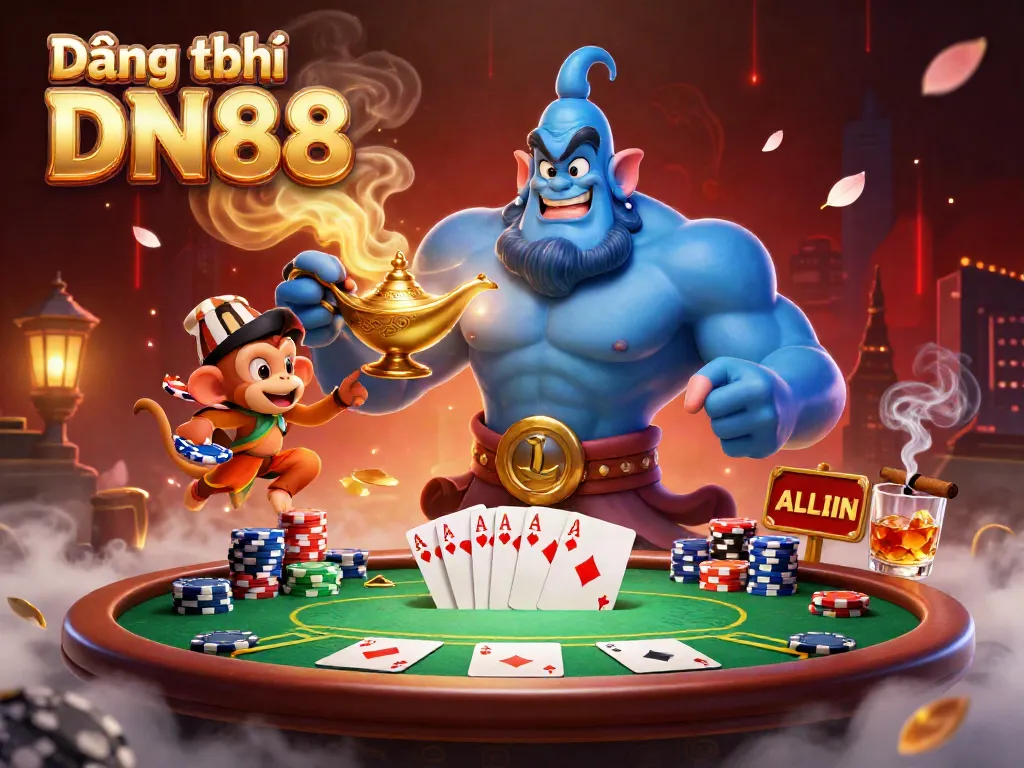 Engage in Đăng ký DN88 with a muscular blue genie and poker elements in a vibrant casino scene.