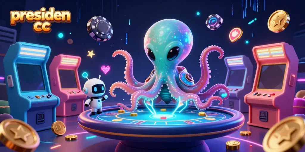 Experience the thrilling action of presiden cc with an alien octopus at a vibrant holographic poker table surrounded by gaming elements.