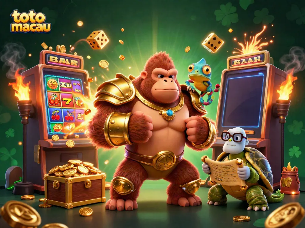 Ilustrasi 3D yang menunjukkan toto macau dalam konteks perjudian dengan karakter kartun menarik dan elemen kasino.