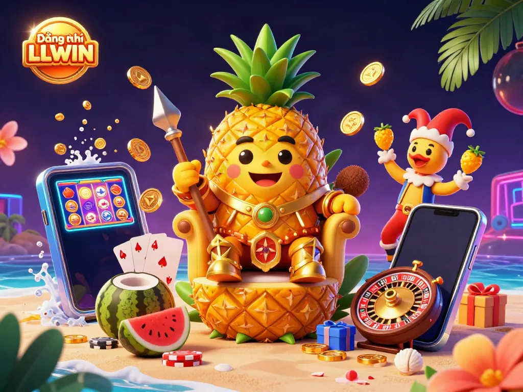 Experience the excitement of Đăng ký LLWIN with a vibrant casino scene featuring the golden pineapple king, gaming elements, and tropical decor.