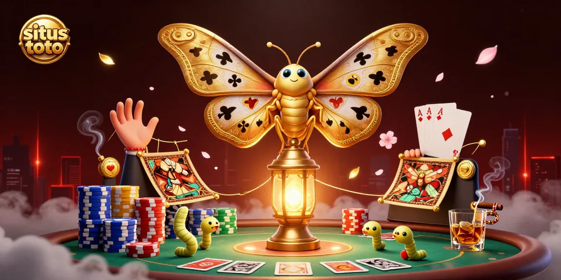 Experience gaming thrill with situs toto as golden moths weave casino scenes amidst poker chaos.