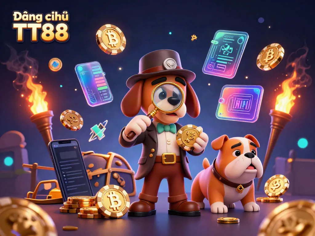 Experience the excitement of Đăng ký TT88 with a detective solving casino mysteries surrounded by crypto elements.