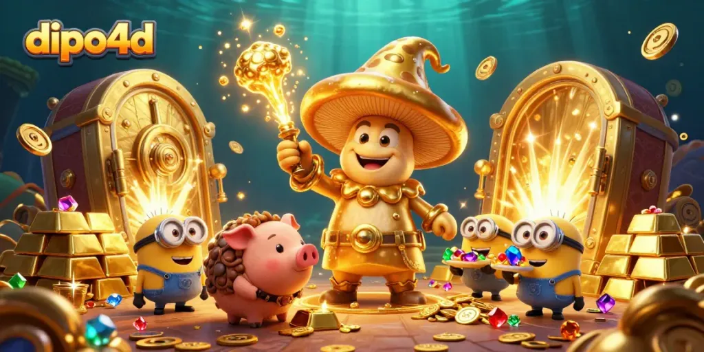 Experience exciting wins with dipo4d's vibrant 3D casino adventure featuring treasures and slot reels.