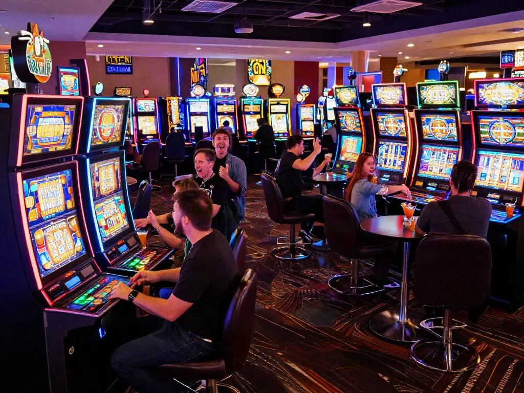Permainan pecah25 slot yang seru dengan pemain bersemangat di mesin slot kasino.