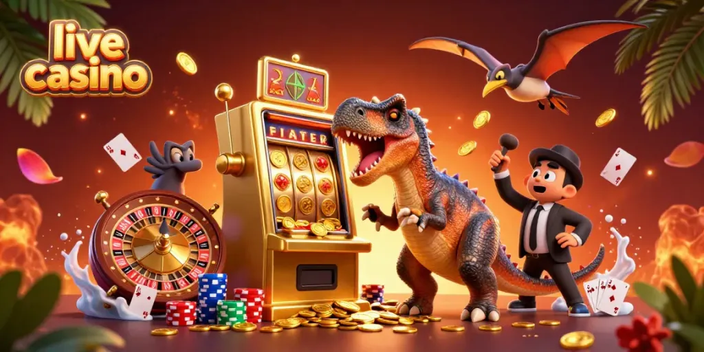 Enjoy the excitement of live casino gaming with playful dinosaurs in a vibrant 3D illustration.