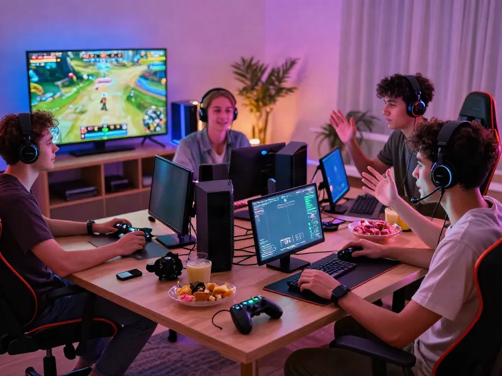 Friends enjoying unsurtoto game night with consoles and vibrant atmosphere
