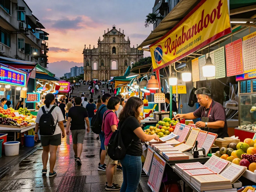 Rajabandoot's bustling Macau market scene showcasing Togel tickets and dream interpretation books.