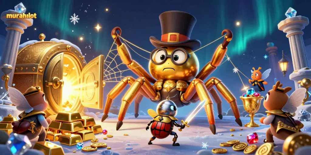 Spin and win at murahslot with an enchanted casino scene featuring a golden tarantula and treasure.