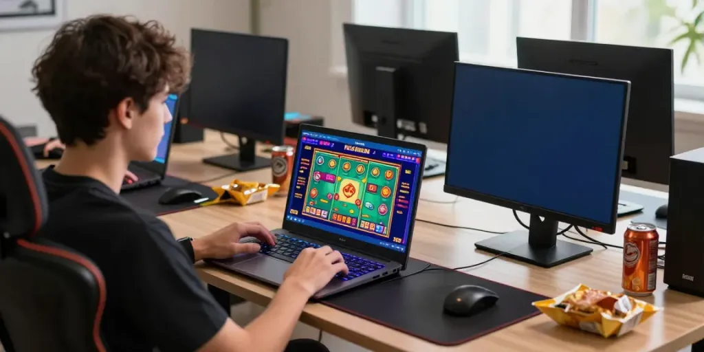 Engaged user playing seributoto online lottery games in a vibrant gaming setup.