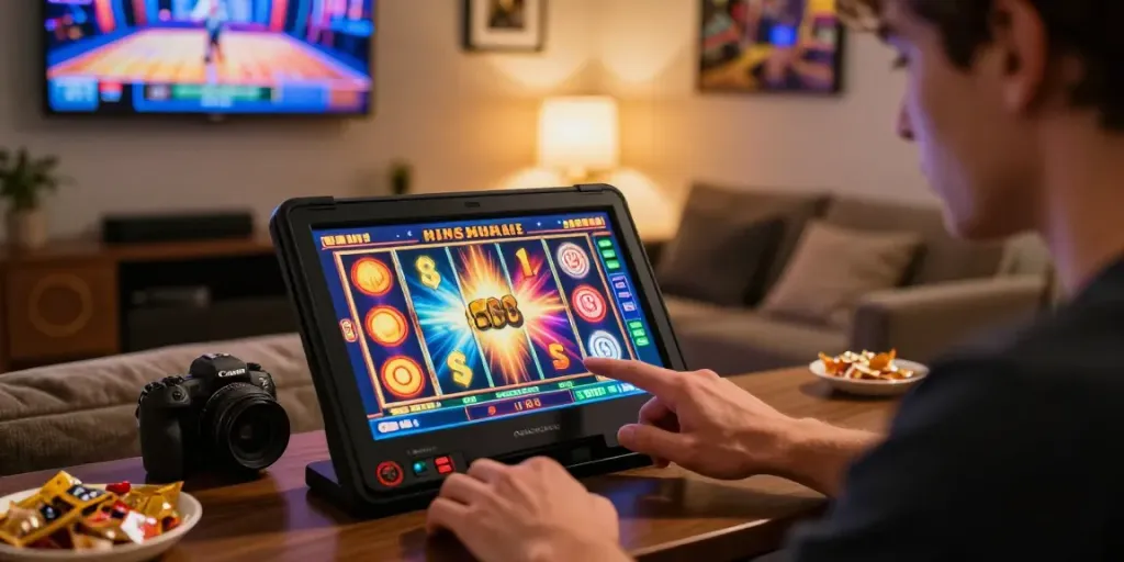 Excited player engaging with slot88 game on a portable device in a cozy gaming nook, vibrant graphics and inviting atmosphere.