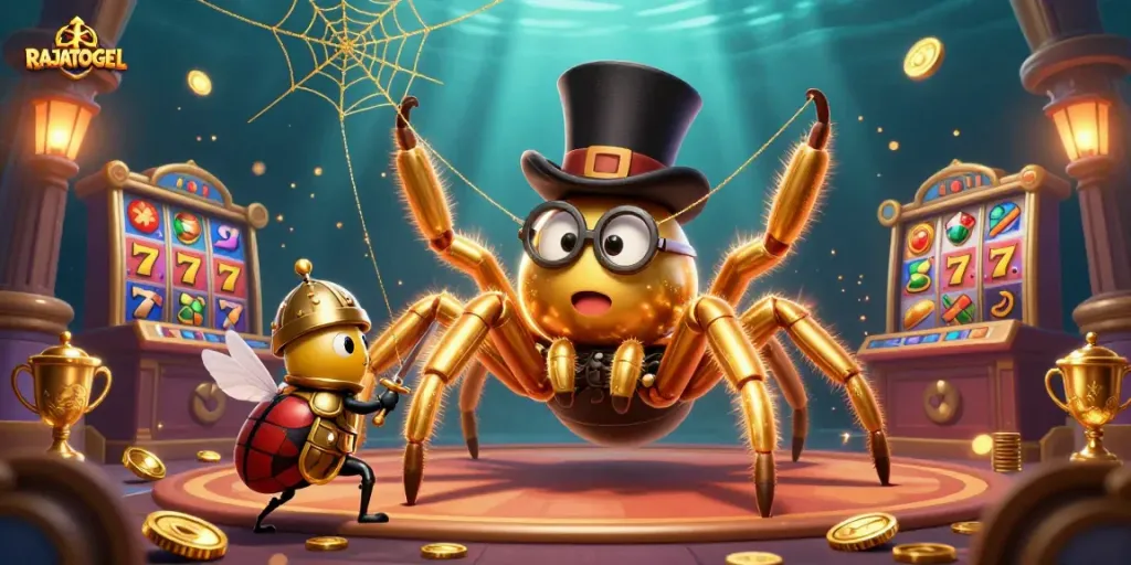 Experience thrilling gameplay with RAJATOGEL's giant tarantula weaving golden webs of fortune in a lively casino.