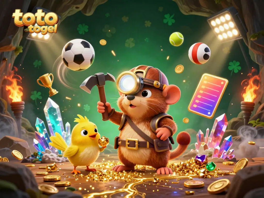 Toto togel adventure scene with a treasure hunter mole and canary among sports elements and gold coins, creating an engaging atmosphere.