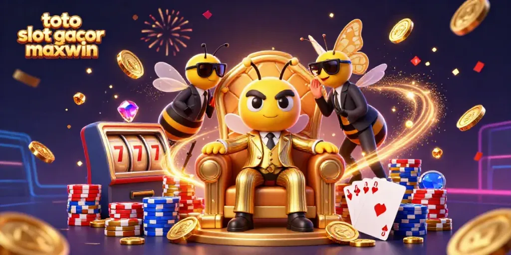 Gambaran ilustrasi 3D yang menggambarkan toto slot gacor gampang maxwin dengan karakter kartun lebah bos mafia dan detail perjudian.