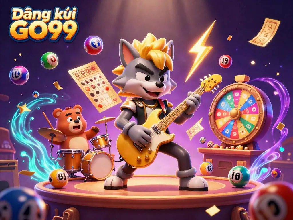 Experience excitement at Đăng ký GO99 with a dynamic casino scene featuring a rock star wolf and drummer bear.