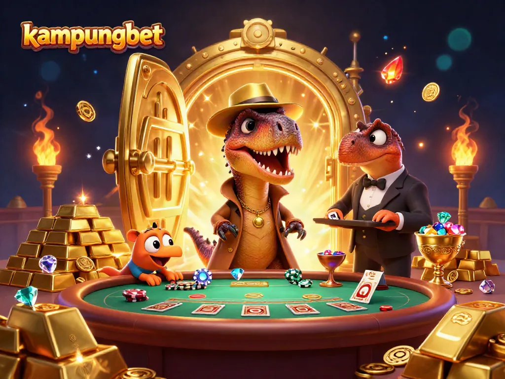 Kampungbet reveals a dynamic scene with a velociraptor card counter sneaking at a blackjack table while a stegosaurus observes.