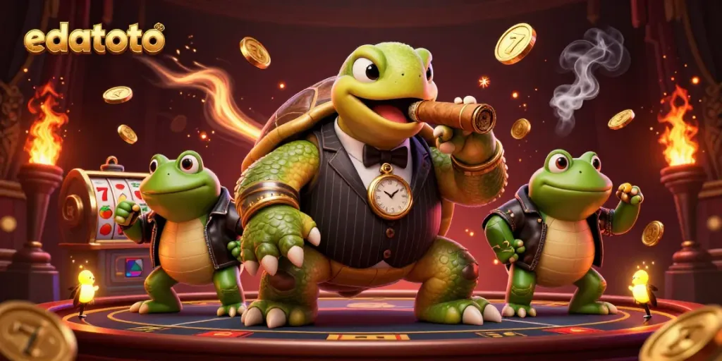 Edatoto showcases a vibrant 3D casino scene with animated characters celebrating big wins.