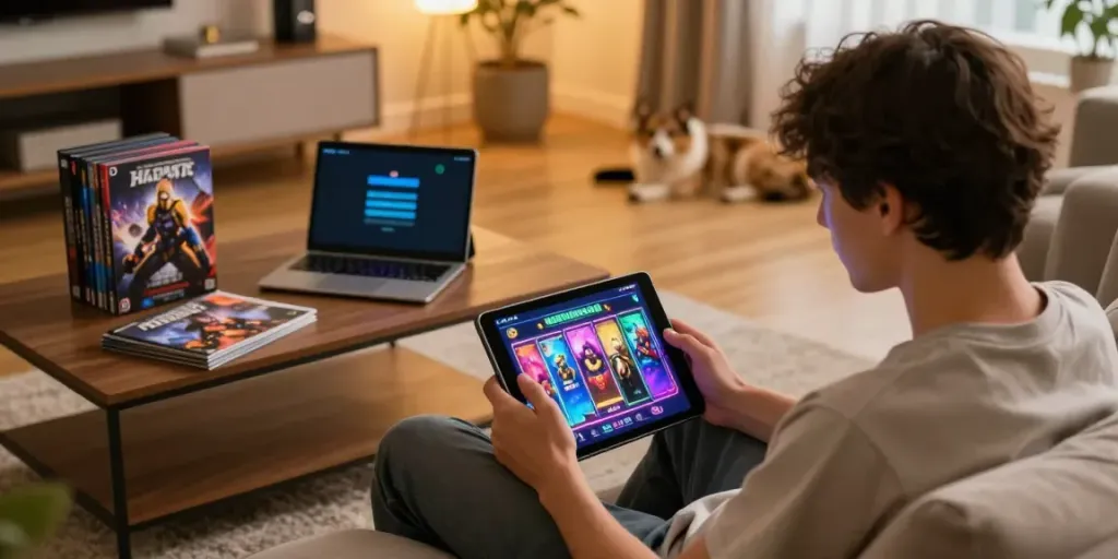 Pengguna ahha4d menikmati permainan slot online di ruang tamu modern.