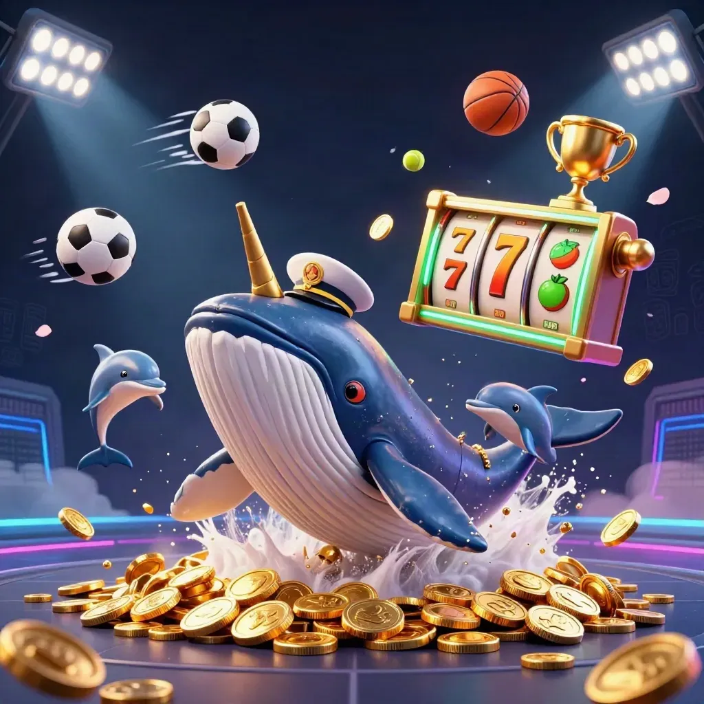 Paus kartun raksasa, narwhal, dan lumba-lumba di lautan koin dengan efek kasino neon mewah.