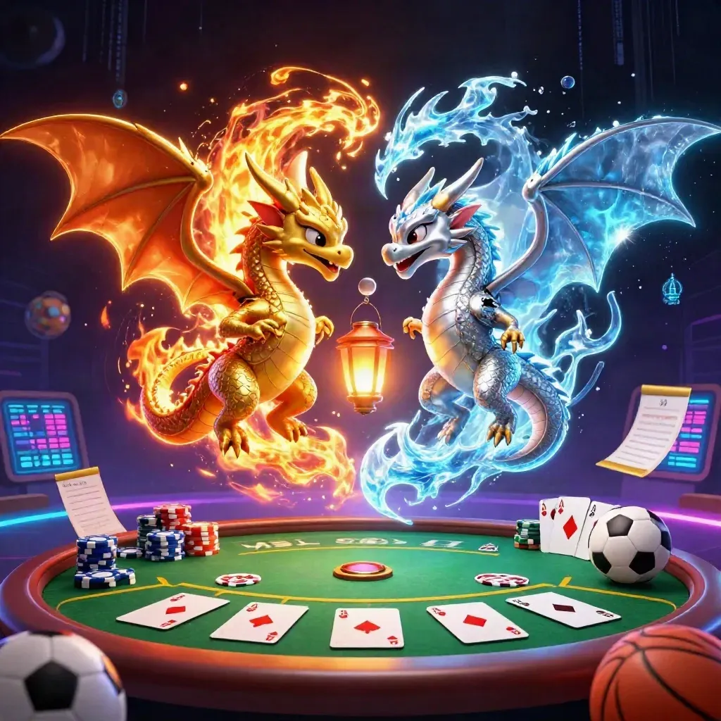 Naga emas dan perak berputar di tengah efek neon, kartu poker, chip, bola, dan latar futuristik.