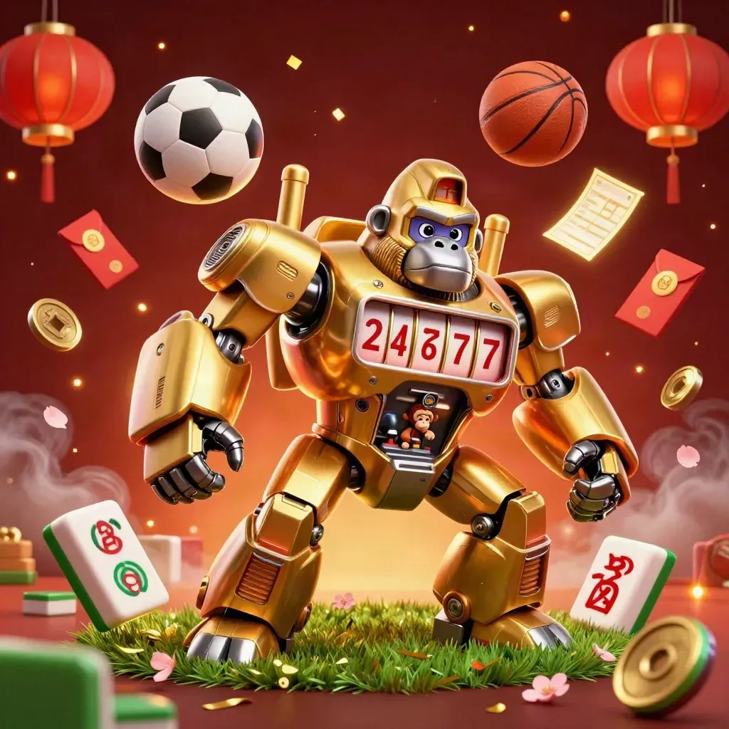 Gorila mech emas slot, bola sepak melayang, koin jade dan lampu kasino neon meledak.