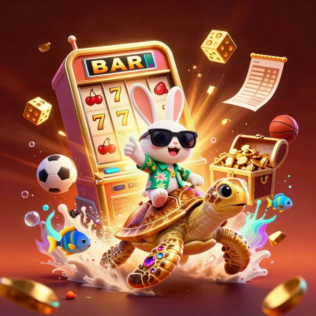 Kelinci kartun berkacamata di kura-kura emas, slot, koin, dan bola olahraga meledak di cahaya neon.