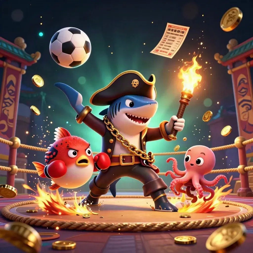 Hiu bajak laut, buntal tinju, dan gurita kecil di ring emas, dengan bola dan koin melayang.