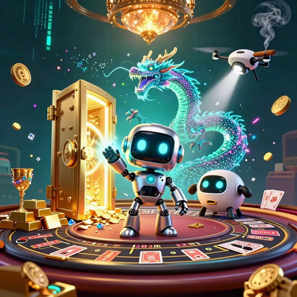 Robot cyberpunk, naga digital, dan drone di kasino mewah dengan emas dan kilau neon.