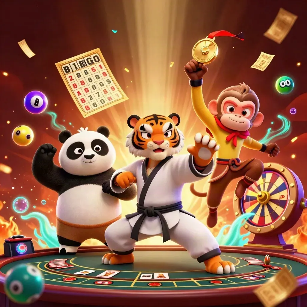 Harimau kung-fu, panda, dan monyet di suasana kasino mewah dengan kilau emas dan efek neon.