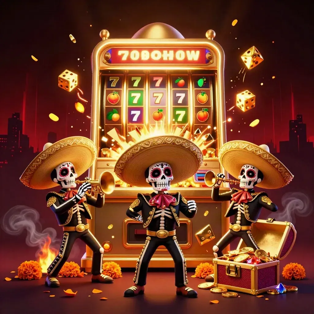 Tiga skeleton mariachi meriah di depan mesin jackpot meledak, emas dan neon hijau menyala.