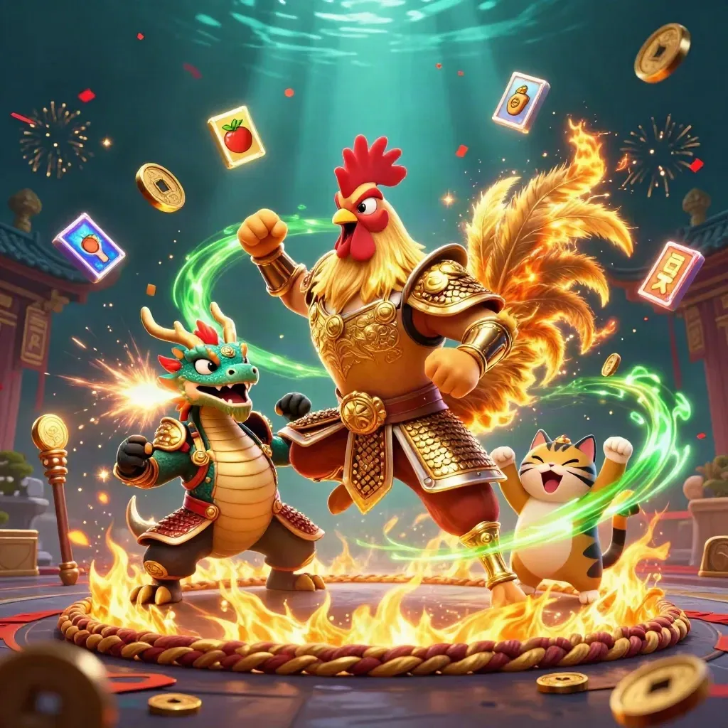 Ayam samurai, naga kecil, dan kucing keberuntungan di arena emas dengan koin, api, dan efek neon hijau.