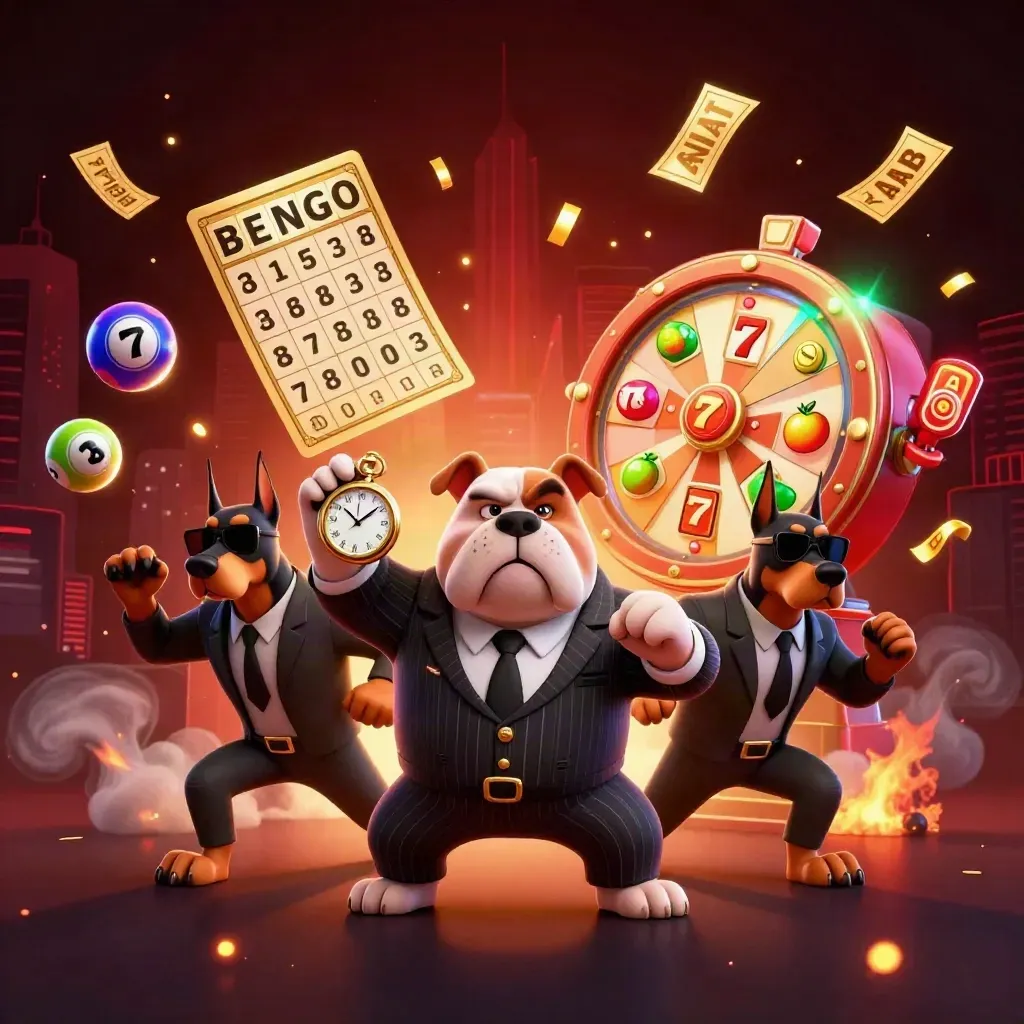 Tiga anjing gangster kartun di tengah ledakan bola lotre, tiket emas, dan roda hadiah neon.