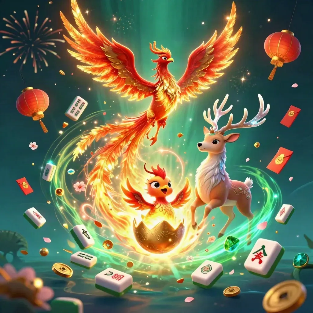 Phoenix api, bayi phoenix, dan rusa kristal di latar laut gelap dengan lampion dan koin giok.