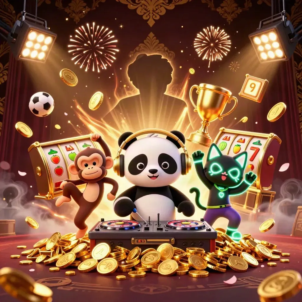 Panda DJ, monyet breakdance, dan kucing neon di ledakan koin, peti harta, dan kembang api mewah.
