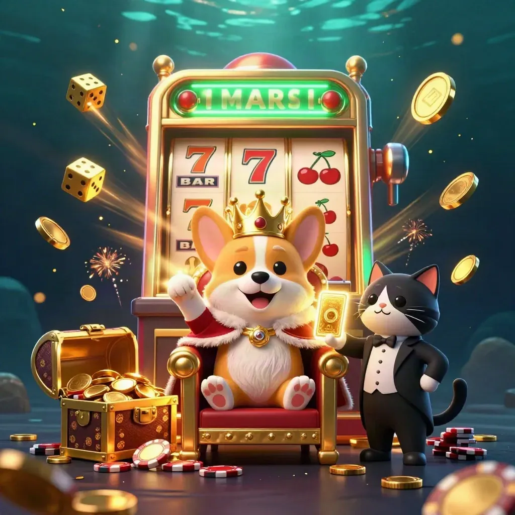 Korgi mahkota dan kucing butler di antara slot, koin emas, dan peti harta meledak.