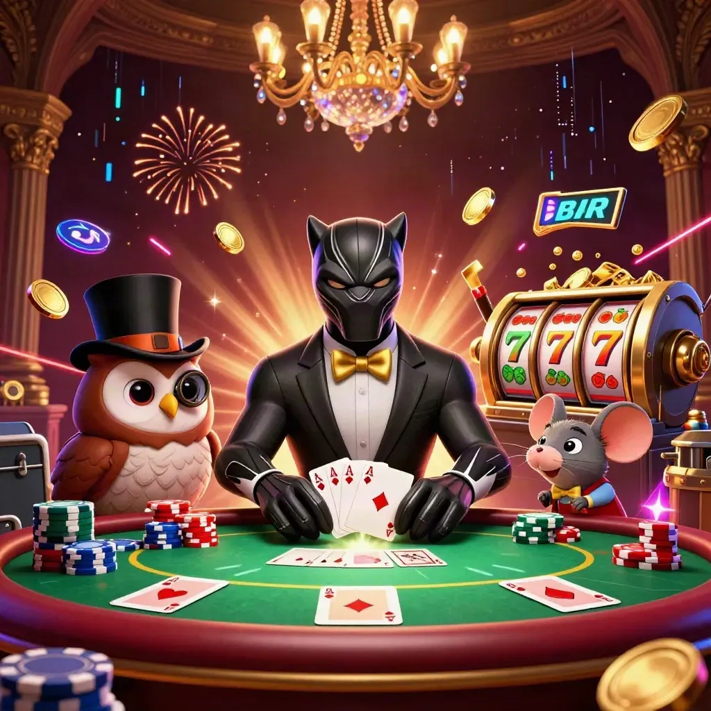 Panther, burung hantu, dan tikus di meja poker, dikepung koin emas, slot, dan ledakan neon.