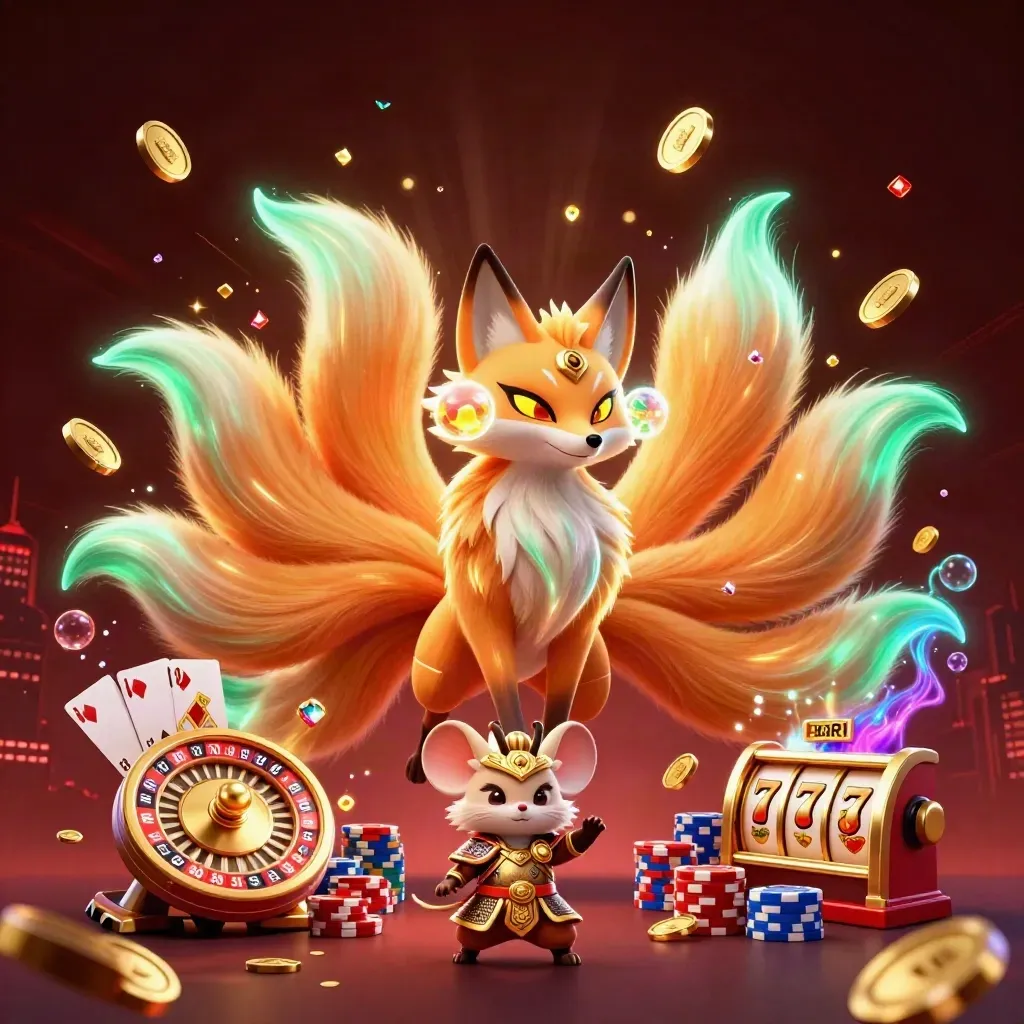 Rubah roh sembilan ekor dan tikus samurai emas dikelilingi koin, permata, dan roda roulette.