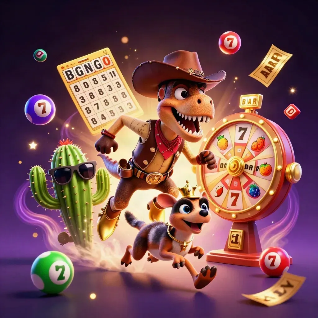 T-Rex koboi 3D, kaktus, dan burung roadrunner dikelilingi bola lotre dan cahaya kasino mewah.