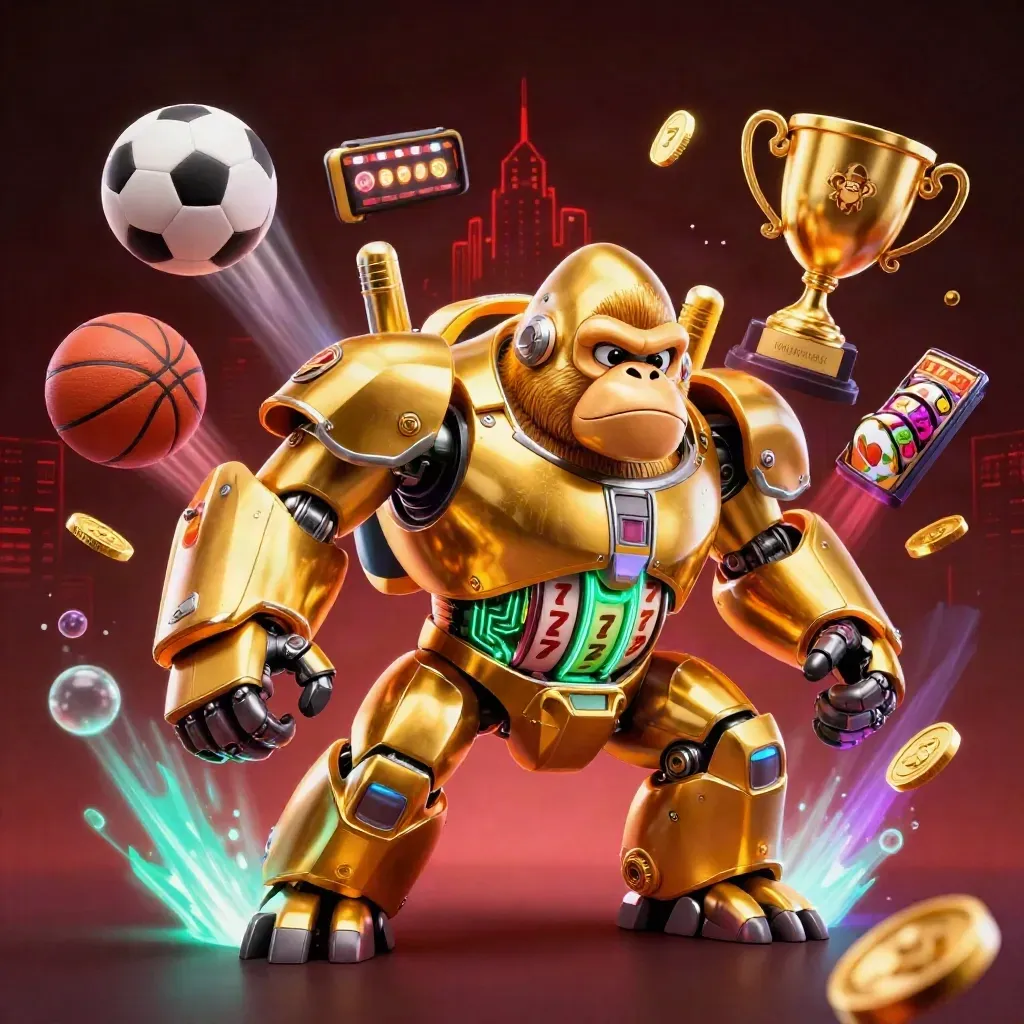 Gorila mech emas dengan pilot monyet, bola olahraga, koin, dan kilau neon meledak.