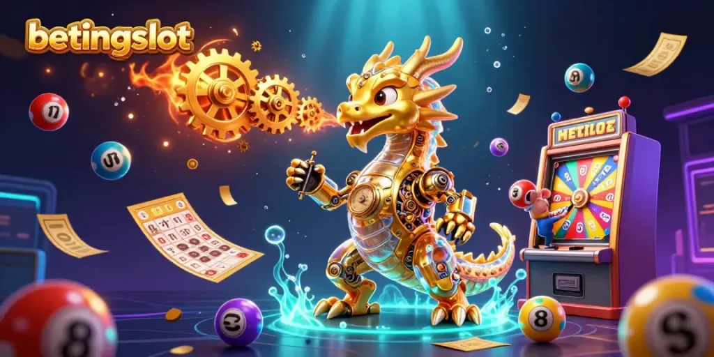 Ilustrasi betingslot yang menampilkan naga emas dan mesin slot, dikelilingi bola lotere berwarna.