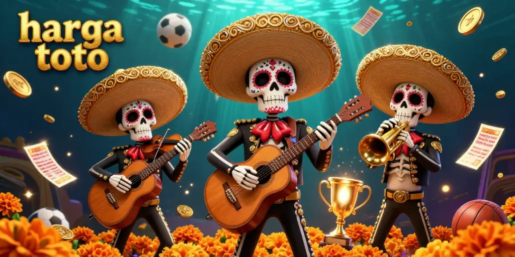 Gali variasi harga toto dengan karakter skeleton mariachi bermain alat musik di kasino online.