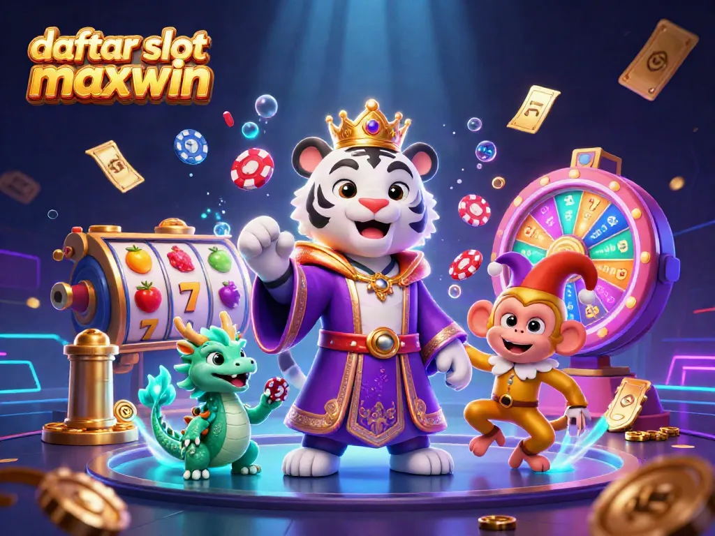 Experience the electrifying world of daftar slot maxwin with a vibrant 3D illustration featuring a royal tiger, jester monkey, and dragon amidst dynamic casino elements.