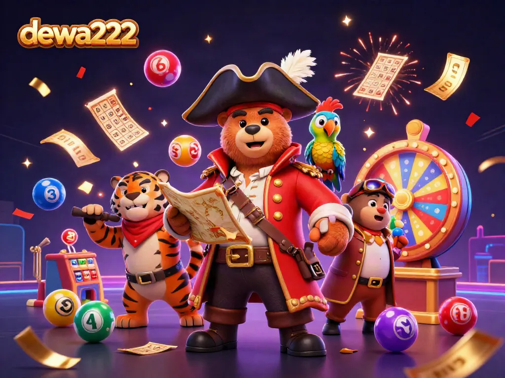 Experience winning thrills with DEWA222 in this vibrant 3D casino illustration.