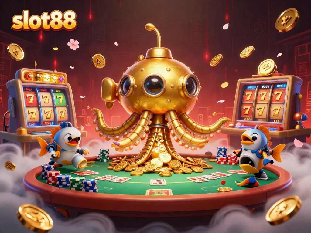 Experience the excitement of slot88 in this vibrant 3D casino illustration featuring a golden kraken and slot reels.