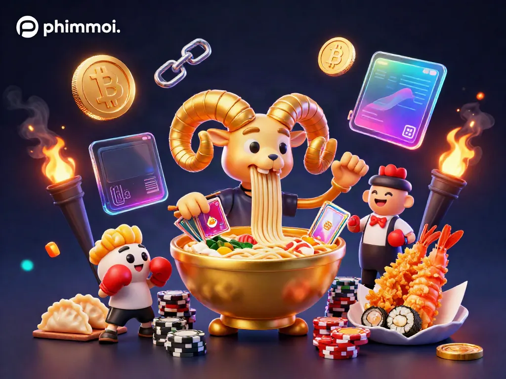 Engage with phimmoi . in an energetic casino scene featuring a giant ramen bowl dealer and dynamic crypto elements.