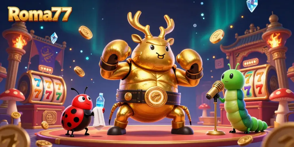 Engage with Roma77 in an exciting online casino atmosphere featuring dynamic characters and slot action.