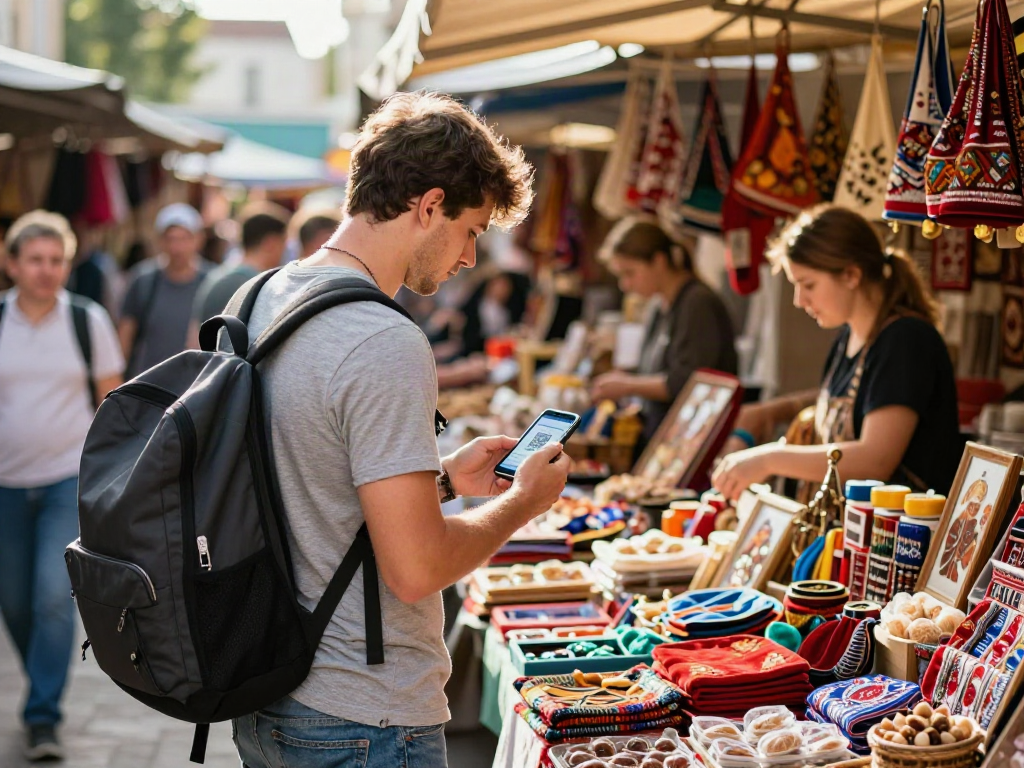 Pengunjung menggunakan https://payinrussia.com/ untuk pembayaran di pasar lokal Rusia yang ramai dengan barang-barang tradisional.