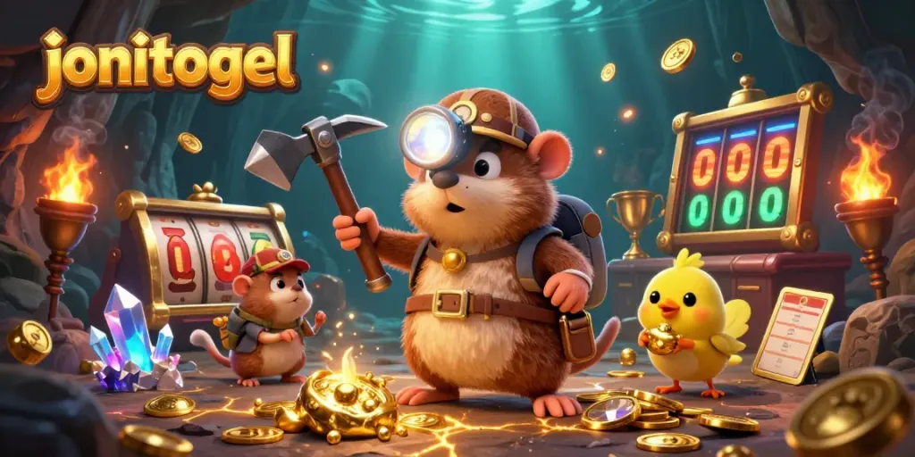 Experience the thrill of jonitogel with vibrant slot reels and a treasure-hunting mole in action.