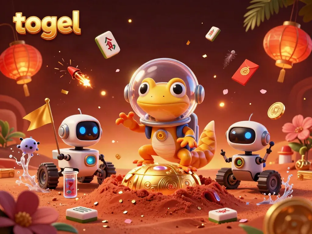 Menggambarkan togel dalam suasana kasino yang megah dan penuh warna, dengan gecko Mars dan robot di tengah aksi.