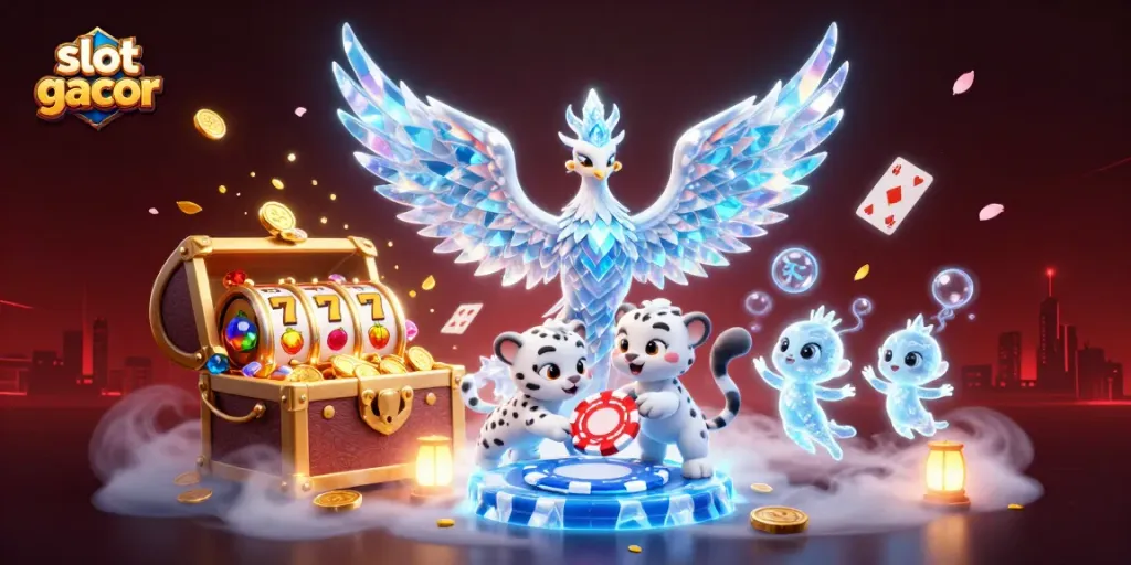 Menangkan slot gacor dengan kekuatan phoenix es dan simbol keberuntungan dalam ilustrasi kasino yang penuh warna.